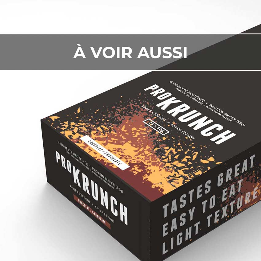 Renvoi au projet de logo et packaging pour « Pro Krunch » d’Xact Nutrition, gaufrette chocolatée pour sportifs