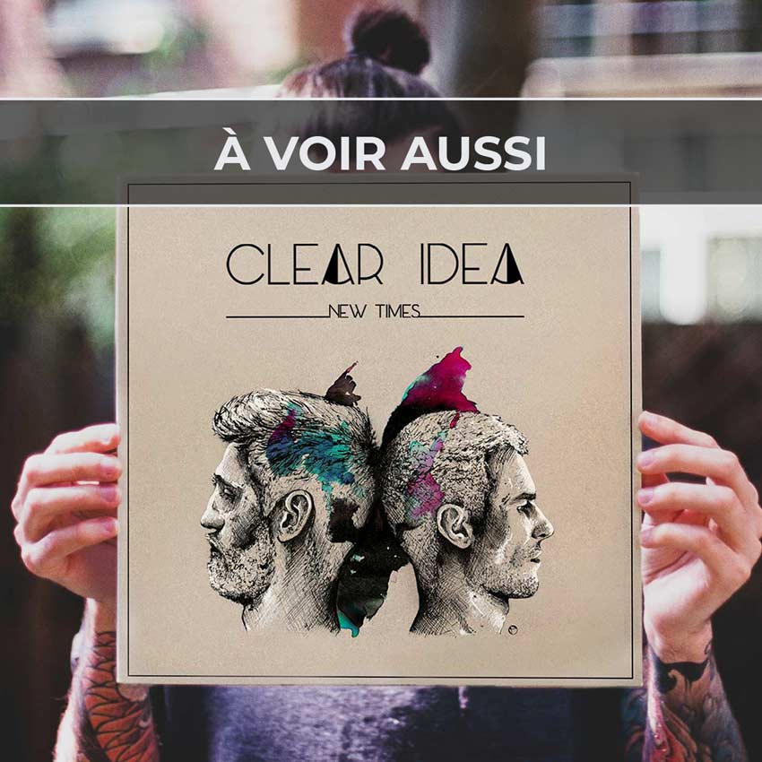 Renvoi au projet de pochette d’album « New Times » et logo pour Clear Idea, groupe de pop rock anglophone