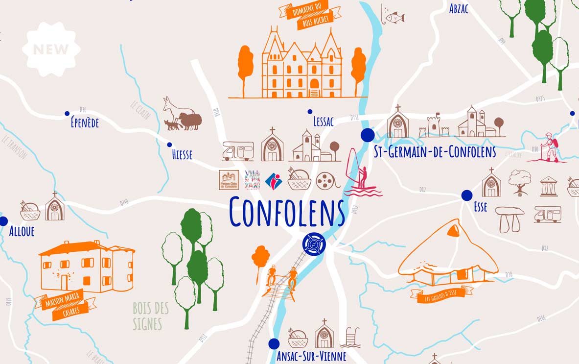Illustrations pour les cartes touristiques de la Communauté de Communes de Charente Limousine, par Vanja BASIC, graphiste et illustratrice à Bordeaux